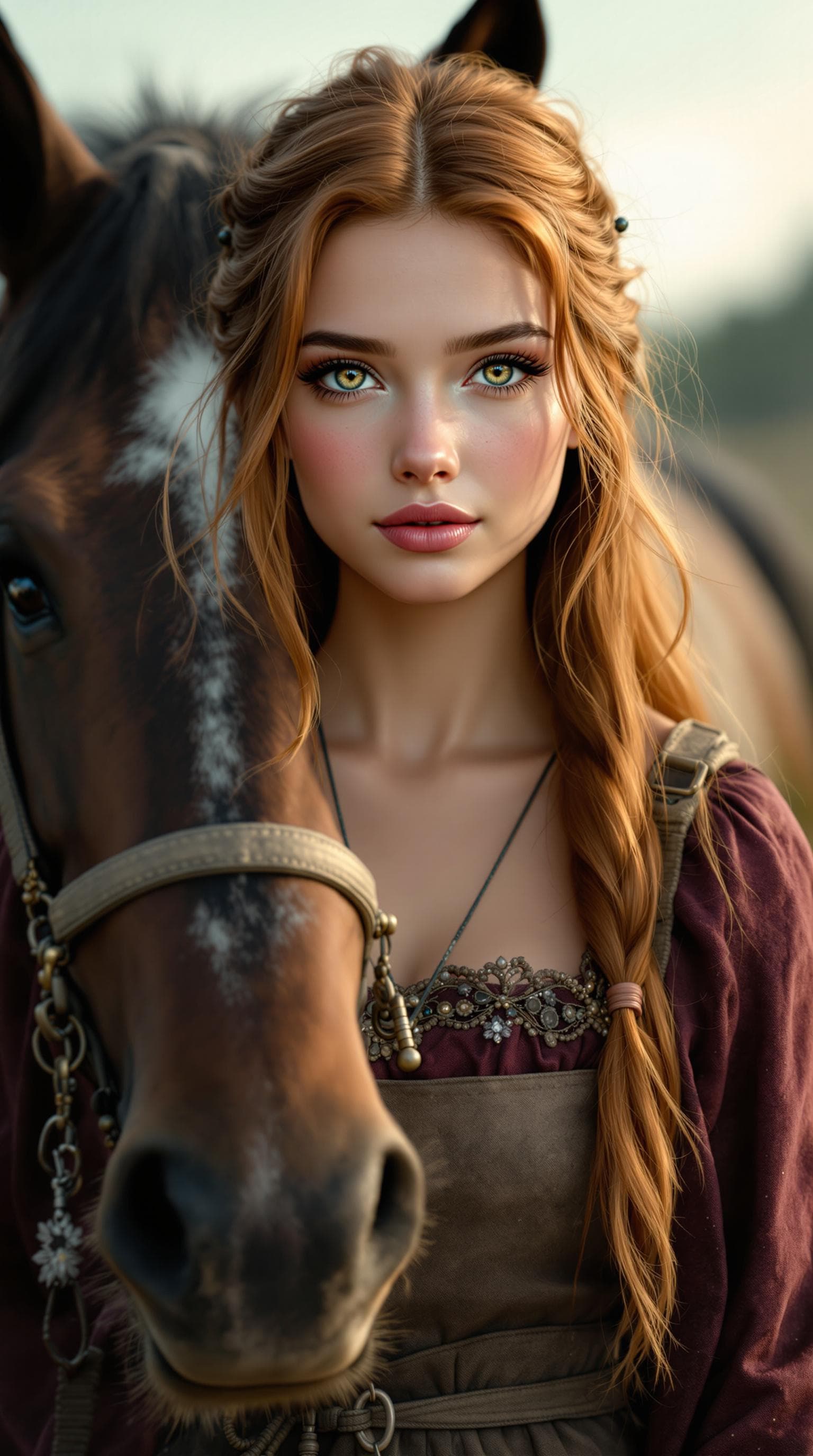AI generated: A stunning professional portrait of an extraordinarily beautiful Mennonite girl, rendered with excep...