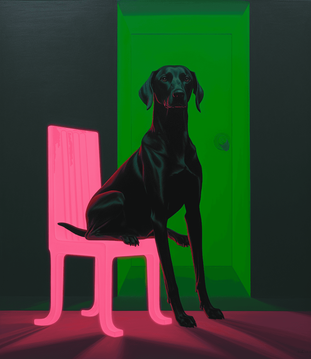 AI generated: A painting of glowing pink legs and tail, a black dog floating in the dark sky, a dark green color s...