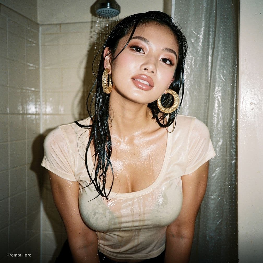 AI generated: inside motel showers, wet hair, wet body, tight fit contour wet tshirt, transparent see-through with...