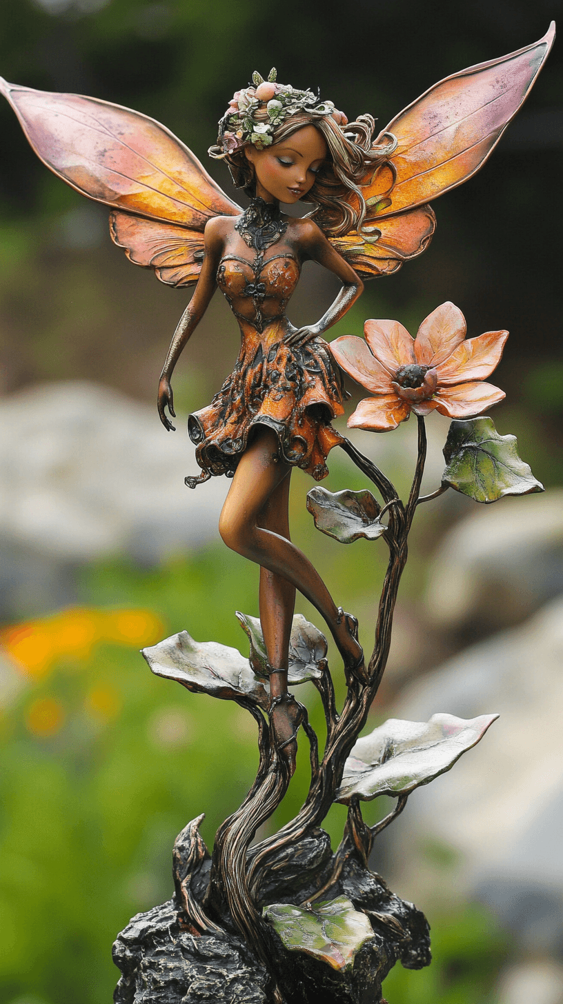 AI generated: Whimsical, Art Nouveau-inspired sculpture of a fairy perched on a blooming flower, photorealistic, h...