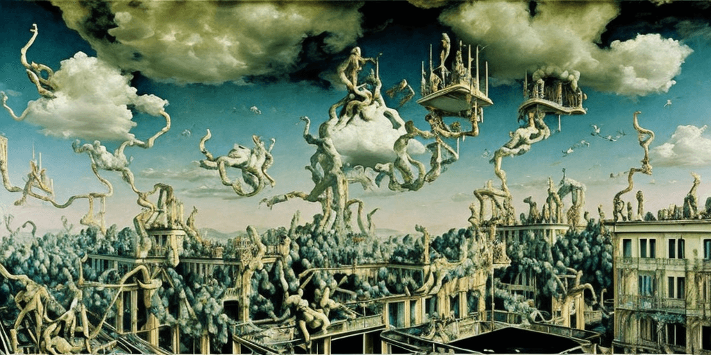 AI generated: oil painting, abstract, rooftop, neo rauch, painting with incomparable reality, intricate details