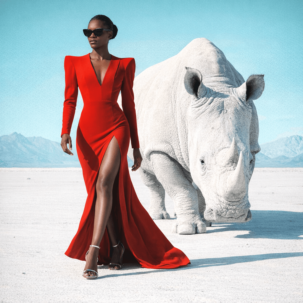 AI generated: {
  "scene": {
    "type": "editorial fashion surrealism",
    "location": "barren white desert with...