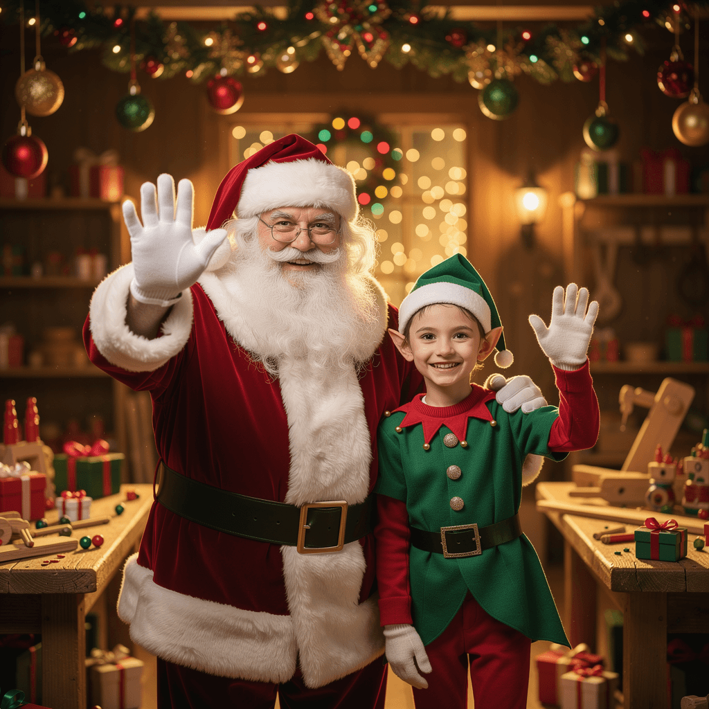 AI generated: Please use this Santa Claus and this Elf. They are in a festive setting, standing side-by-side. Sant...