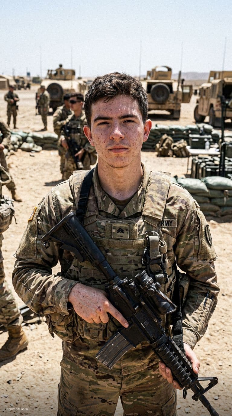 AI generated: ultra-realistic candid photo of a young male soldier, imperfect natural face with visible pores, sli...