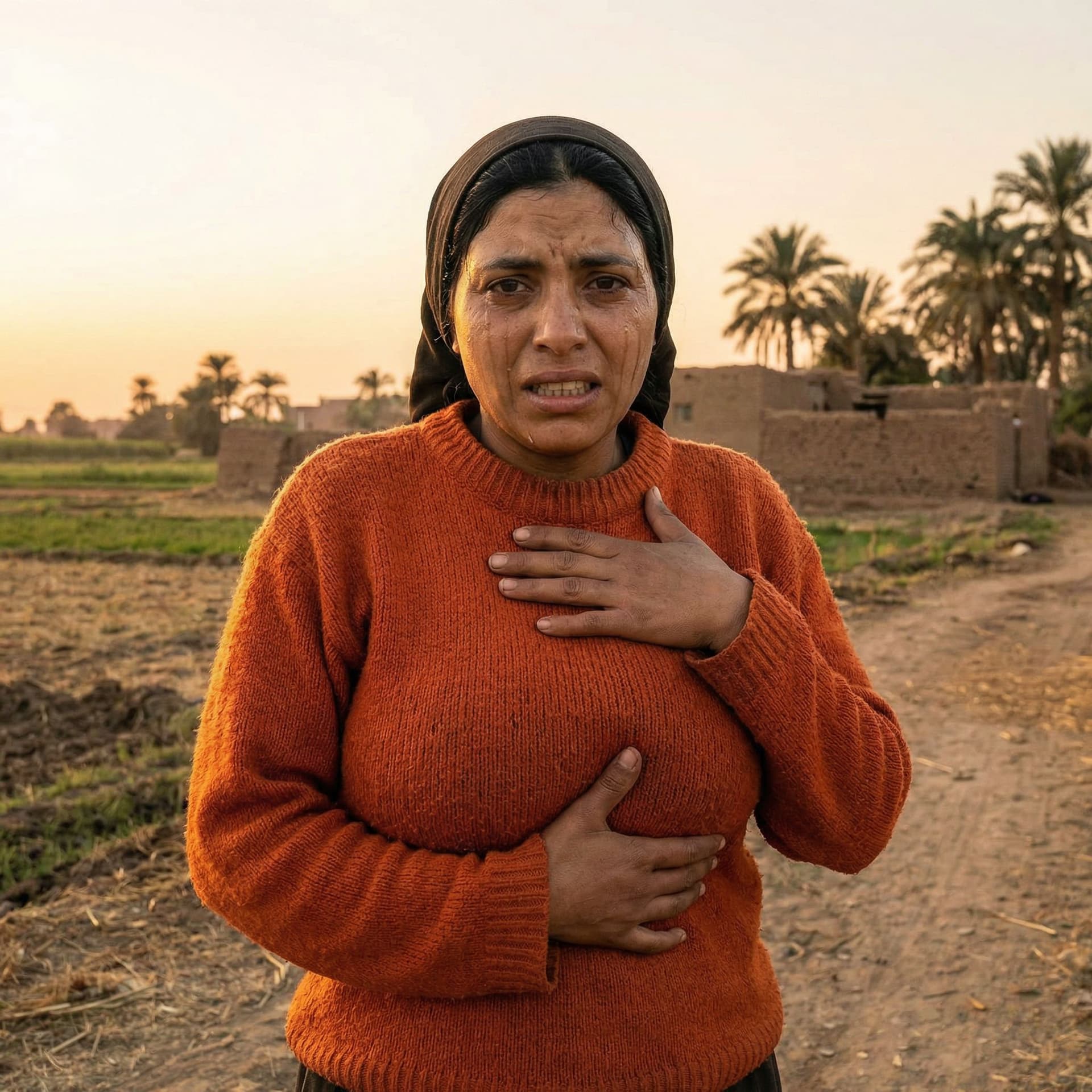 AI generated: she is  wearing a bright orange, wool sweater, her breasts are huge enormous and prominent, her nipp...