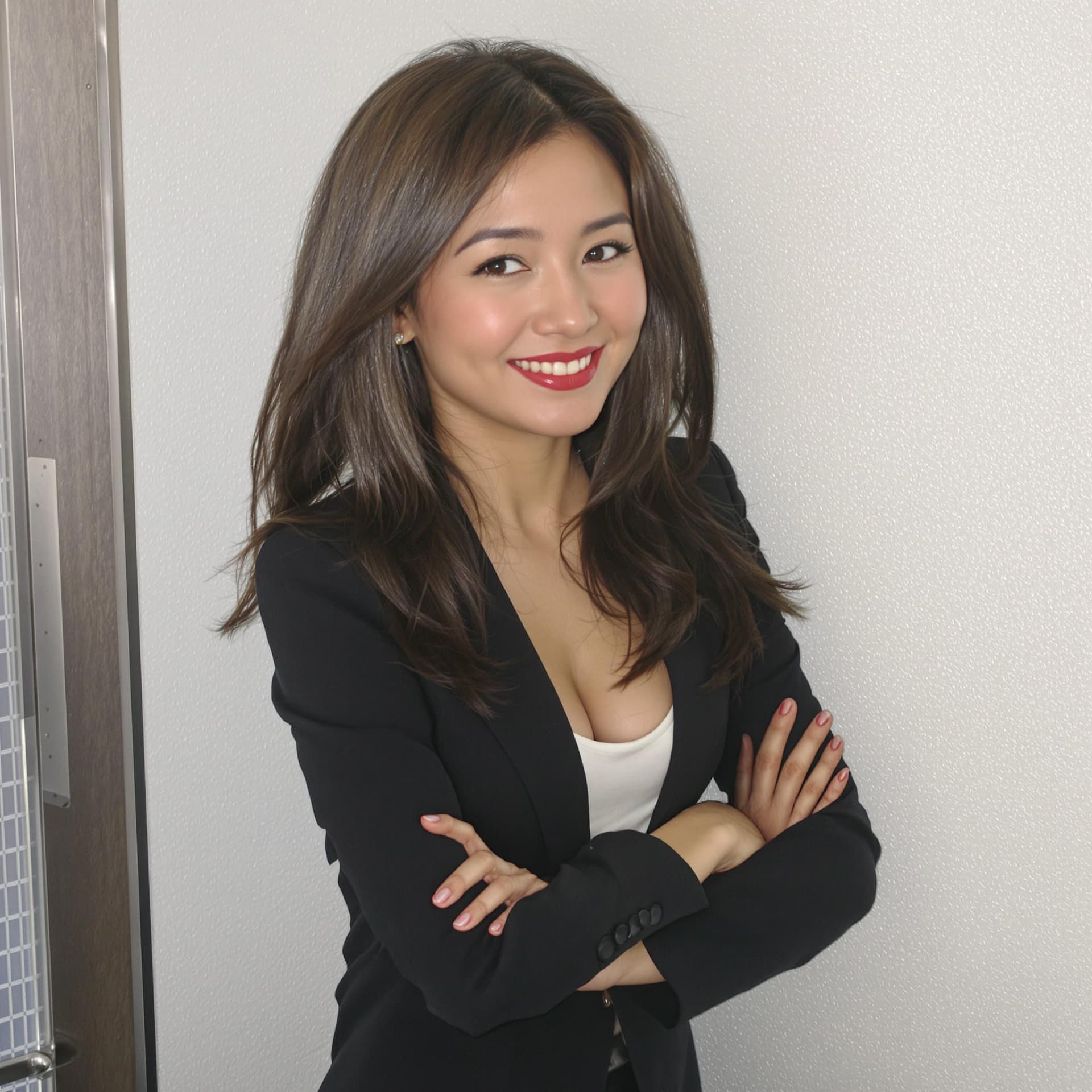 AI generated: asian woman in business professional attire, white wall