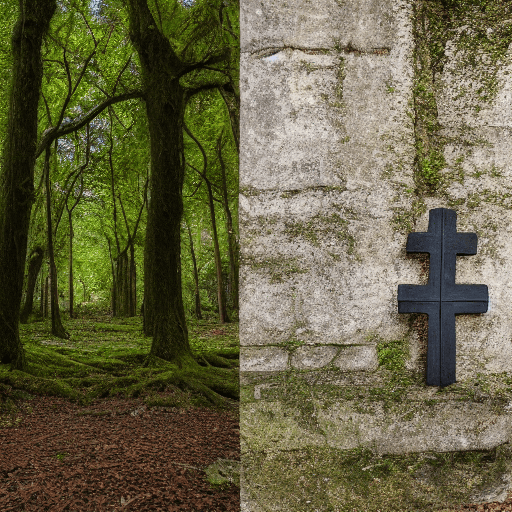 AI generated: full length professional photo, an old ruined church in an oak forest with ferns, with an old tree i...