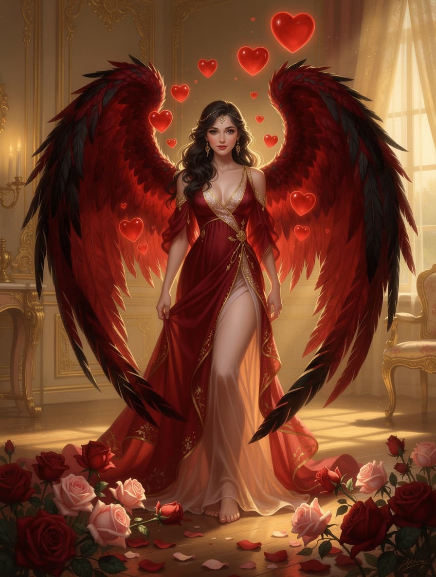 AI generated: A stunning, beautiful woman, a romantic goddess figure, with large, dramatic red and black feathered...