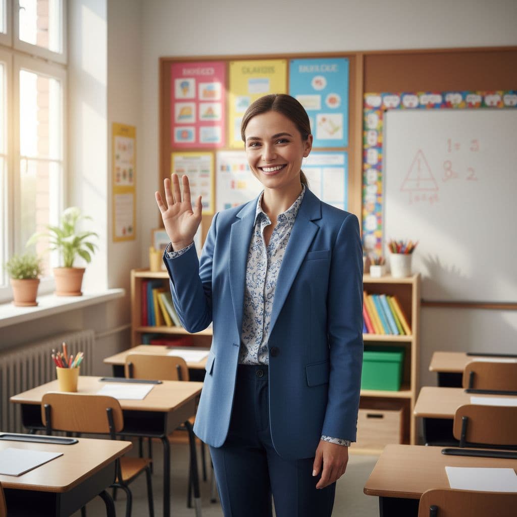 AI generated: A kind teacher smiling warmly and waving hello, welcoming gesture, bright and friendly expression, c...