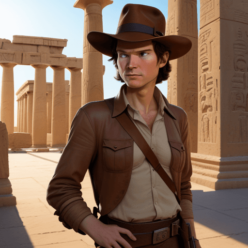 AI generated: Javier Milei as Indiana Jones in the Pixar style. with the background of an egyptian temple. 