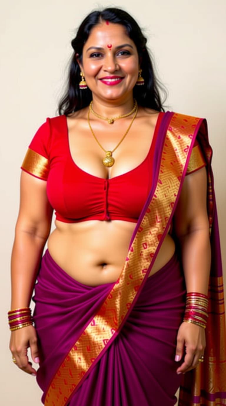 AI generated: use attached images and create 
AN indian 30 year chubby fair open naval , drop pallu, big boobs ,de...