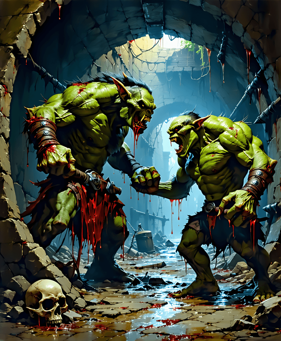 AI generated: Create a fight between a grotesque steampunk Orc with long snarling twisted teeth, dripping blood, s...