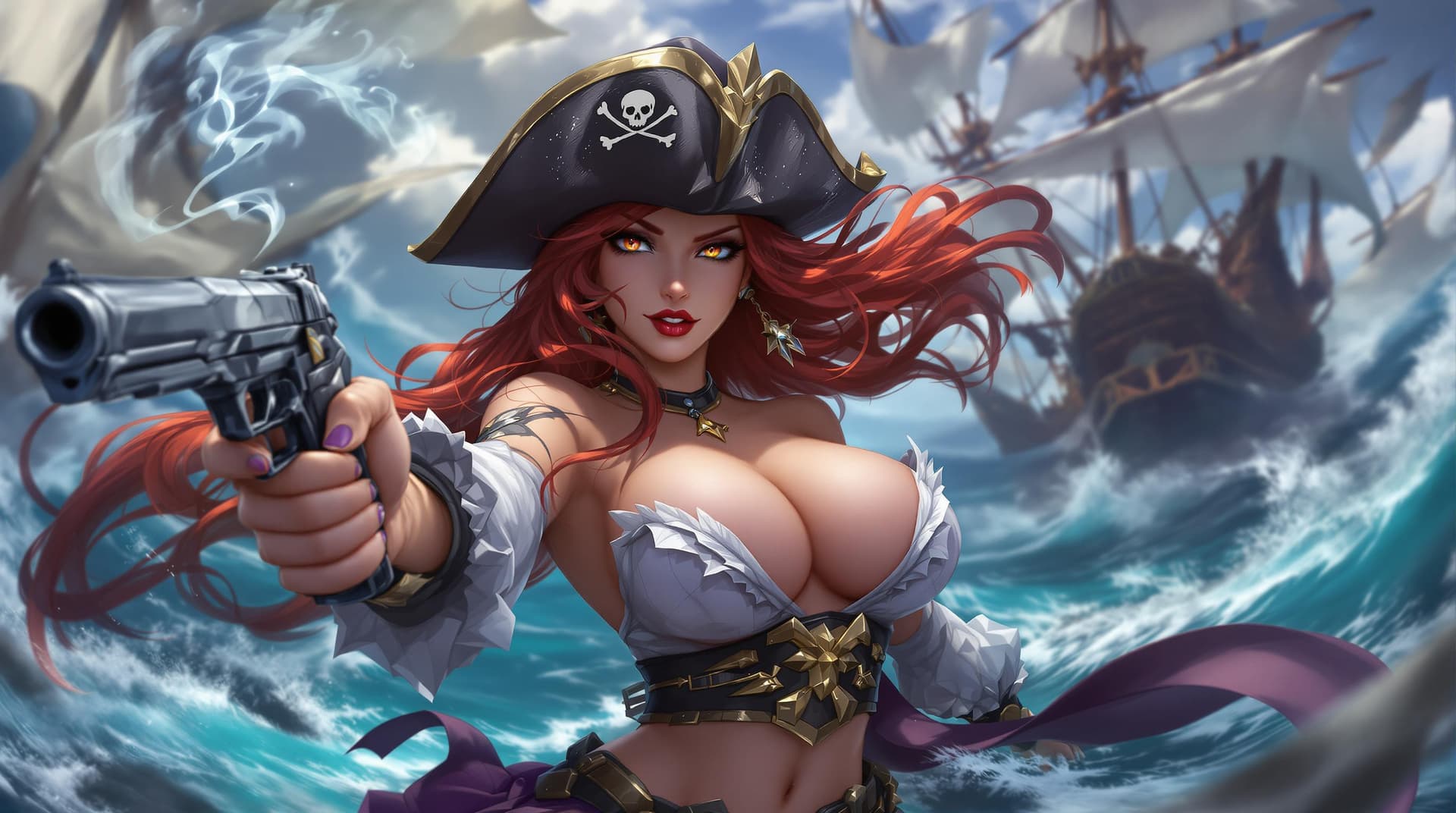 AI generated: masterpiece, best quality, vibrant, very aesthetic, high contrast, 1girl, aged up,  Miss Fortune \(l...