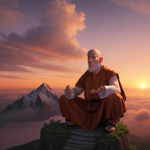 AI generated: Hyper realistic monk looking at the sunrise over the mountain and clouds