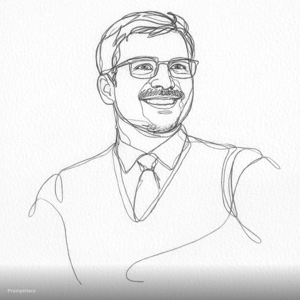 AI generated: Un portrait en style "one line art" d'un homme souriant dans la trentaine réalisé avec un crayon