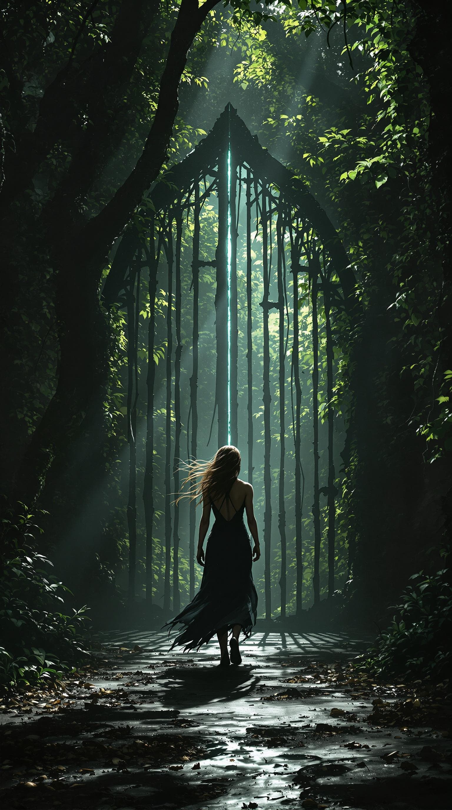 AI generated: Eve stands frozen in terror as the gates of Eden close behind her, casting long, menacing shadows ov...