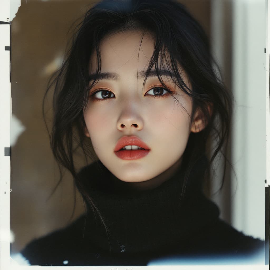 AI generated: A hyper-realistic, lifelike Polaroid proof of an Asian female model wearing black sweater for a fash...