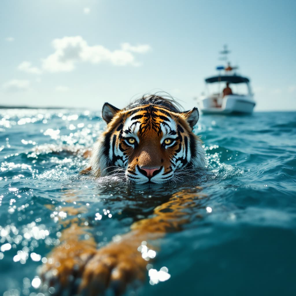 AI generated: Beautiful girl face in tiger body swim on the sea following up a boat