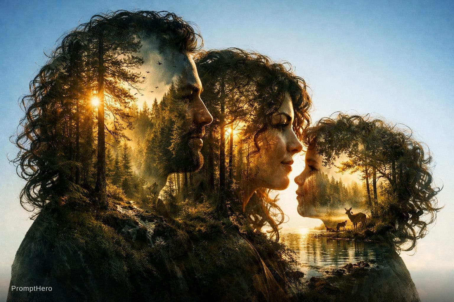AI generated: This picture shows a surreal, double-exposed work of art. It combines the profile of the faces of a ...