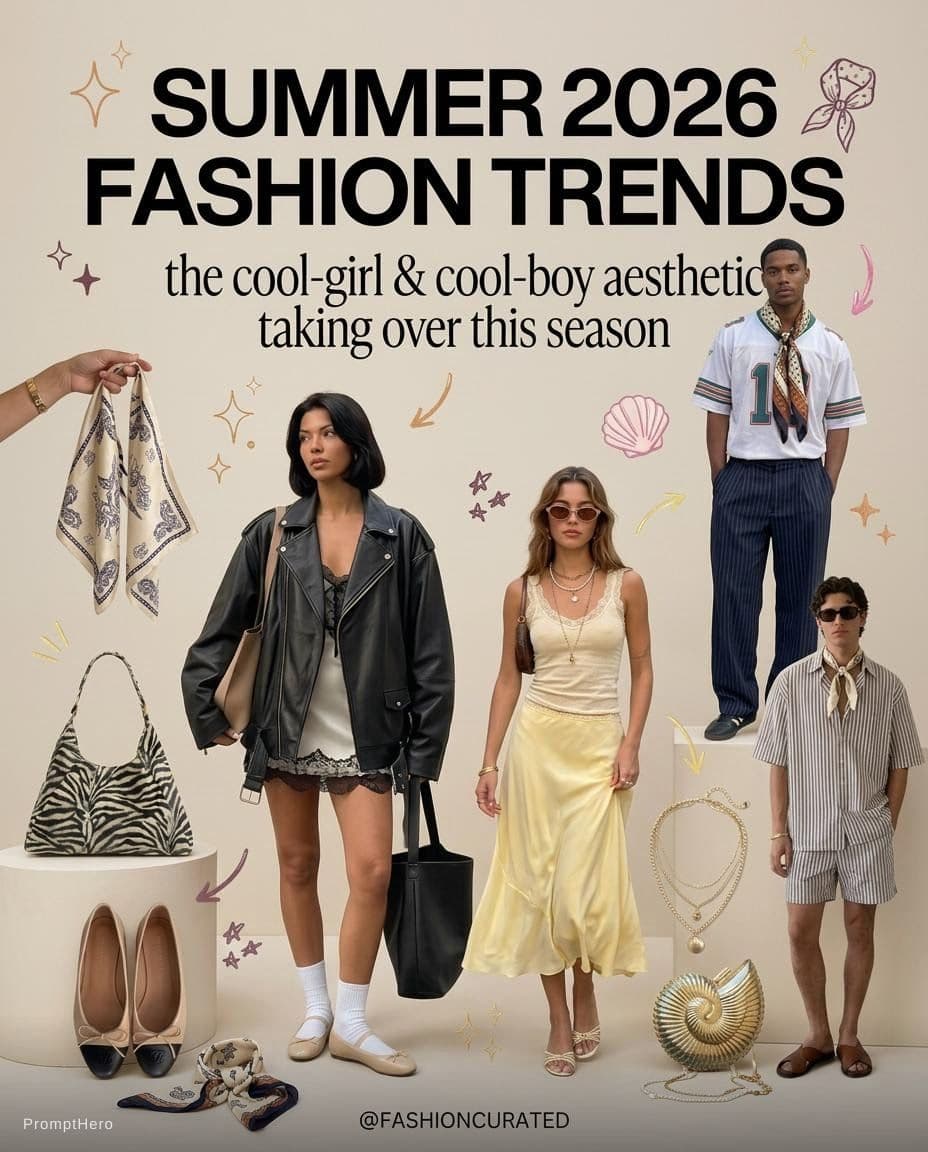 AI generated: Summer 2026 fashion trends mood board collage, cool-girl and cool-boy aesthetic, 
editorial style fl...