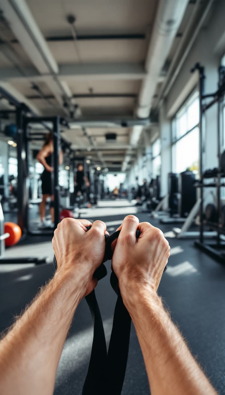 AI generated: POV first-person, I am working out in a gym. Only my hands are visible in the frame.

The gym has a ...