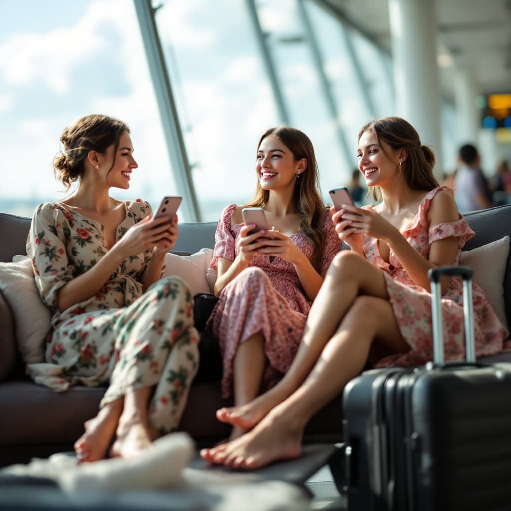 AI generated:  Three Mongolian adult female friends, in summer dress, at the air port. Waiting for their flight, k...