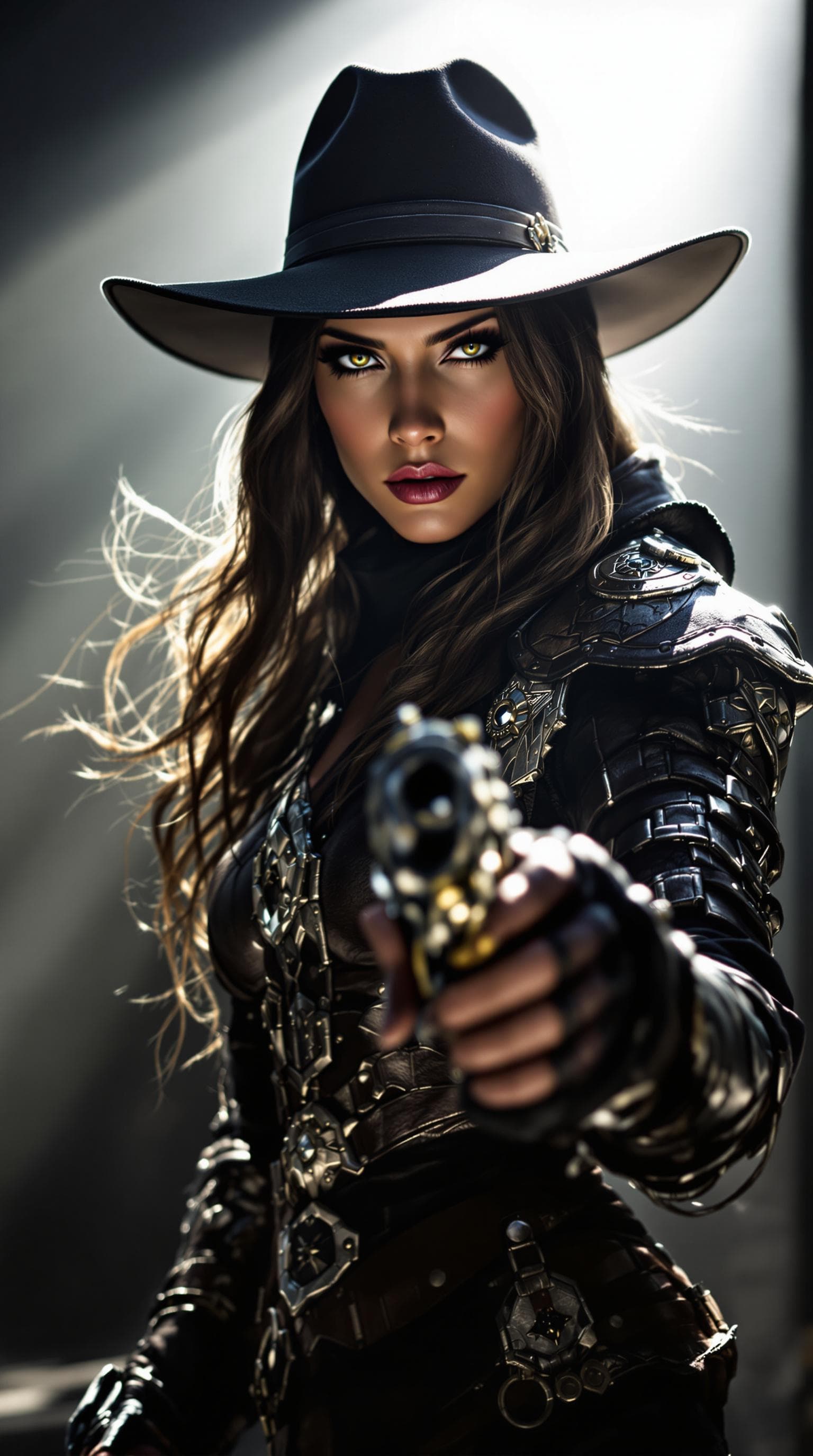 AI generated: The image portrays a striking female character with a strong, confident expression. She wears a wide...