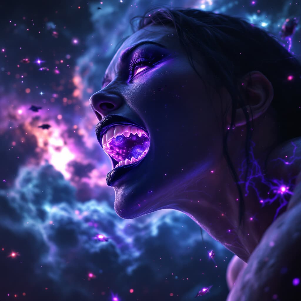 AI generated: enormous giantess Rhea Ripley  from WWE
bigger than a galaxy floating in space, minuscule galaxies i...
