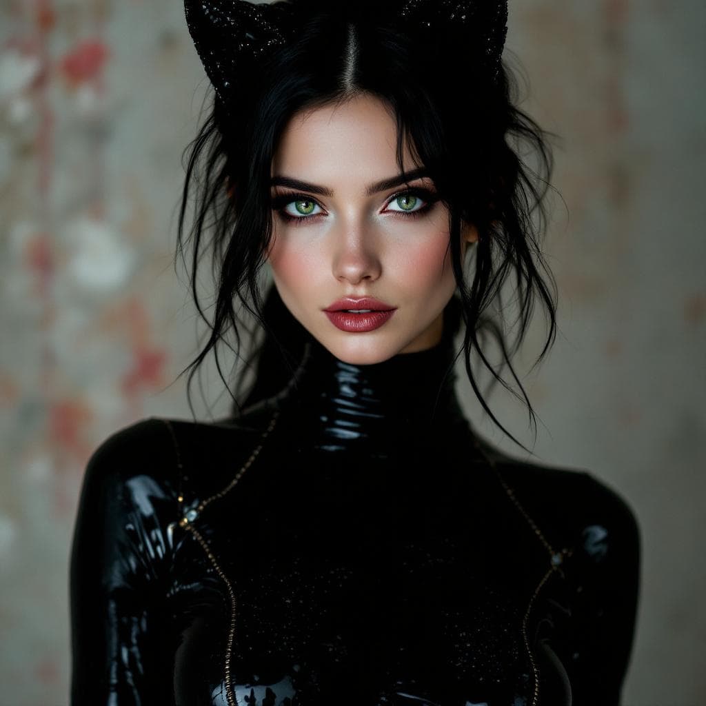 AI generated:  woman with black hair and green eyes wearing a cat suit