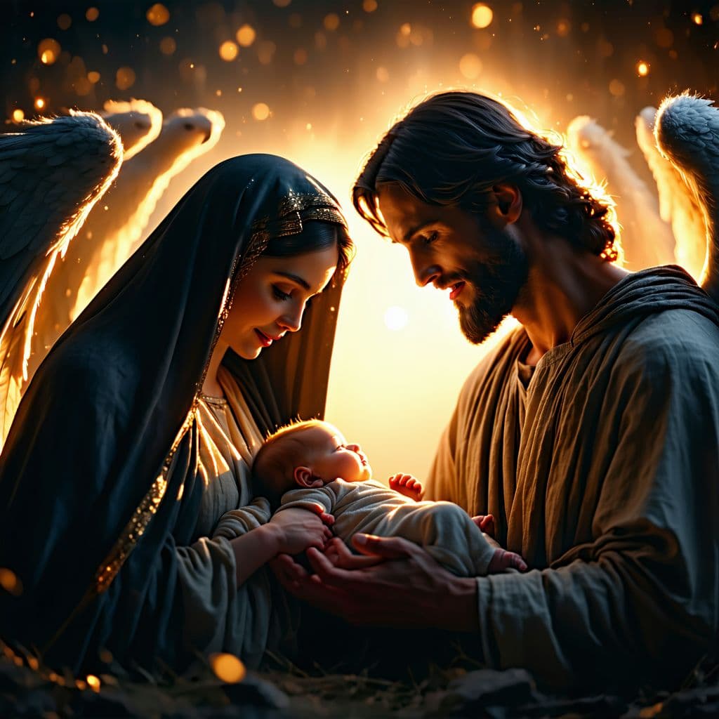 AI generated: An ultra-realistic and cinematic depiction of Mary and Joseph lovingly holding baby Jesus in their h...