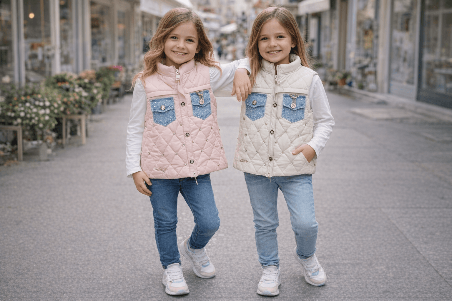 AI generated: Complete image of 2 girls of 8 years old from head to feet having this clothes with different positi...