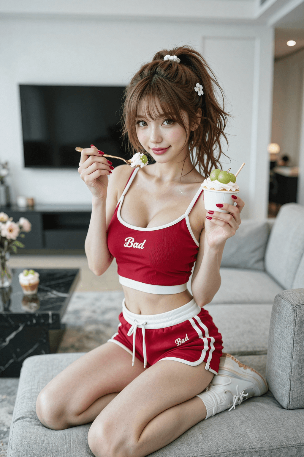 AI generated: This is a bright and charming, medium-full shot of a beautiful young woman of East Asian descent pos...
