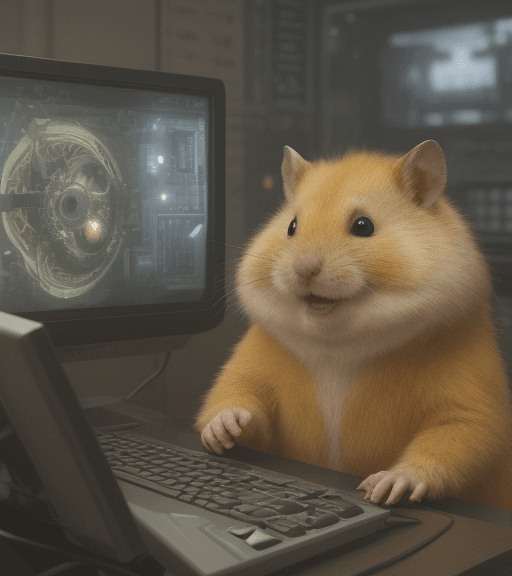 AI generated: an extremely distressed and distraught golden hamster who is crying at a computer terminal and is ve...