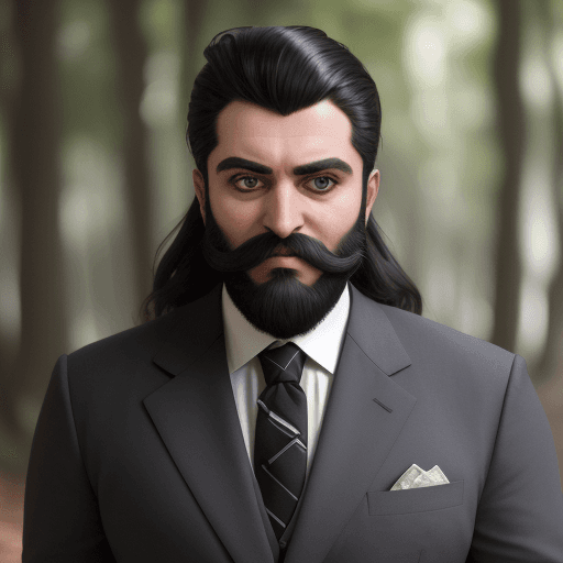 AI generated: Una persona de barba, saco y corbata de la era moderna emerge de las sombras de un bosque urbano, su...