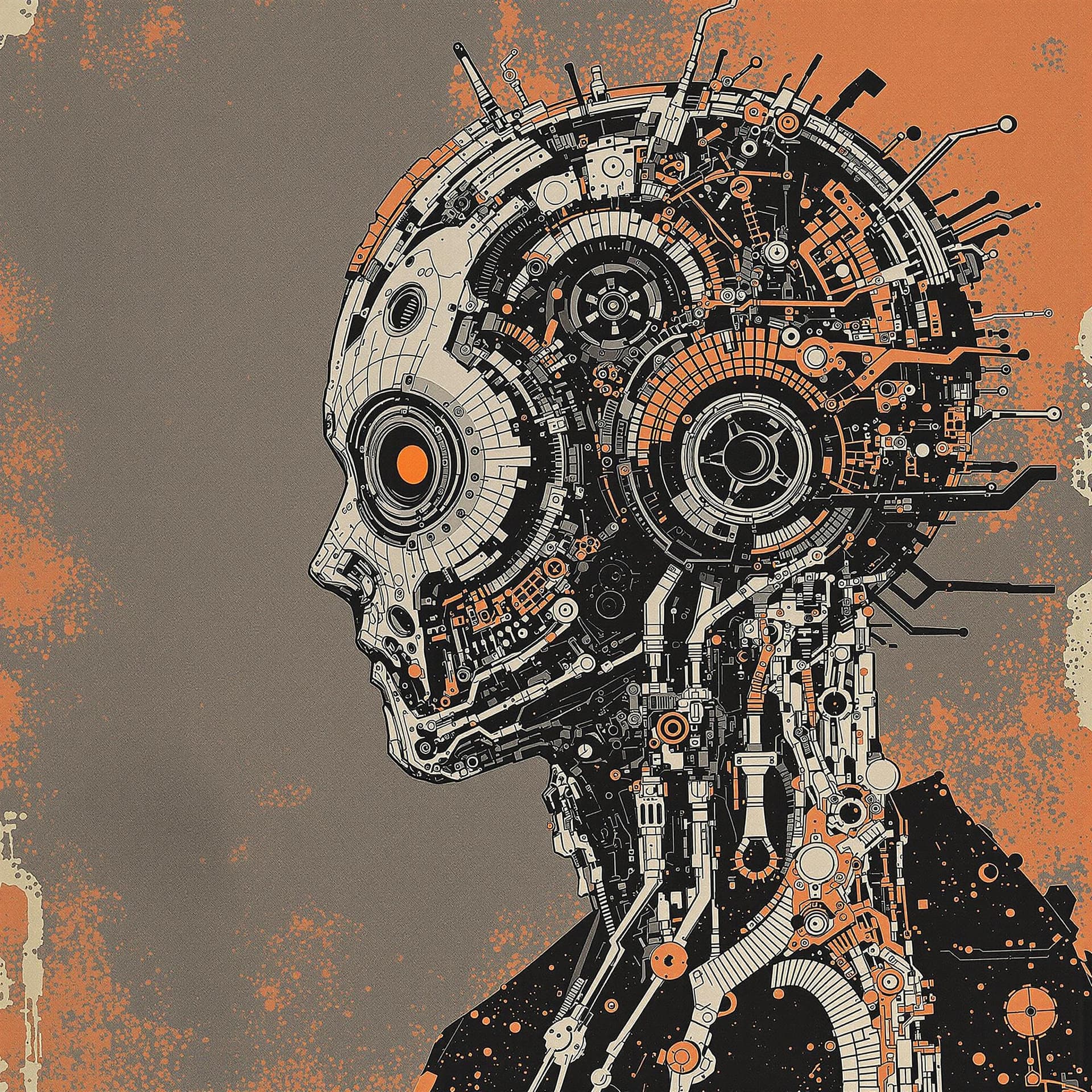 AI generated: artistic, portrait, synthetic human mechanic, complexity with details, empty eye, limited colors are...