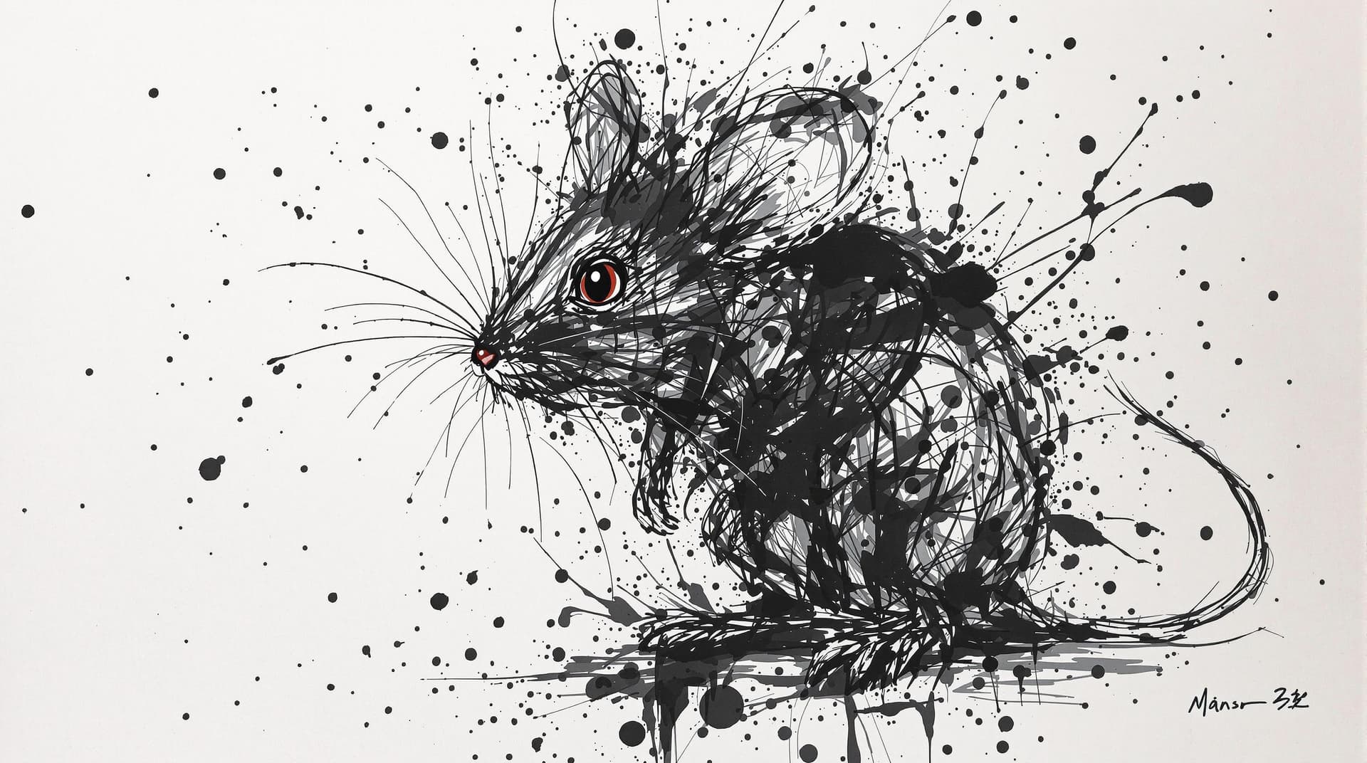 AI generated: Mouse, detailed,ink style,Ink splash art on the background,ink style,The whole is on the right，Ink w...