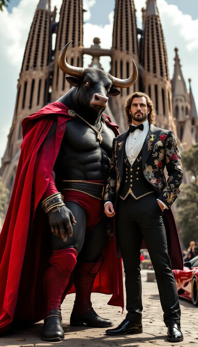 AI generated: A powerful anthropomorphic bull in a black and red matador suit, standing next to a charming Spanish...