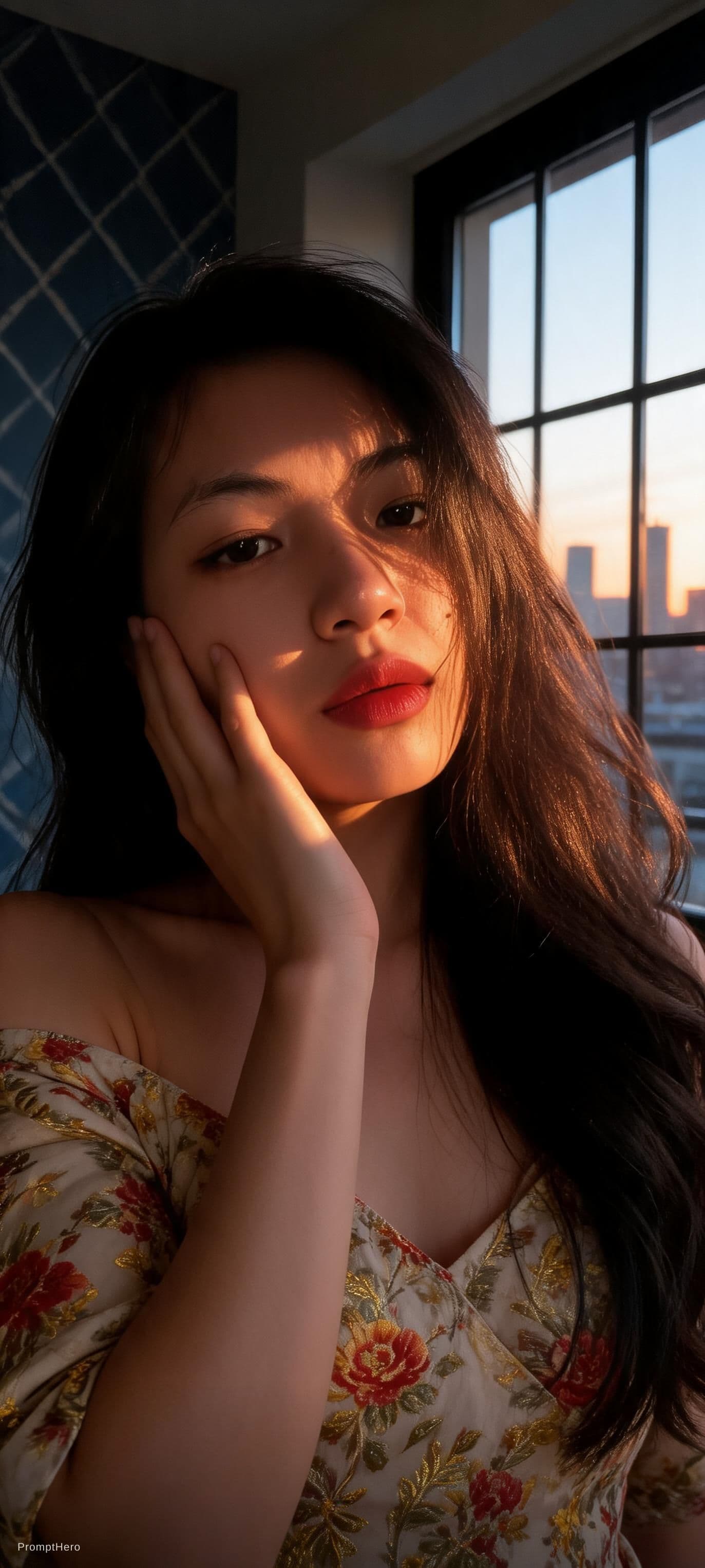 AI generated: A cinematic photorealistic boudoir portrait of a beautiful Asian woman kneeling on a bed. She is wea...