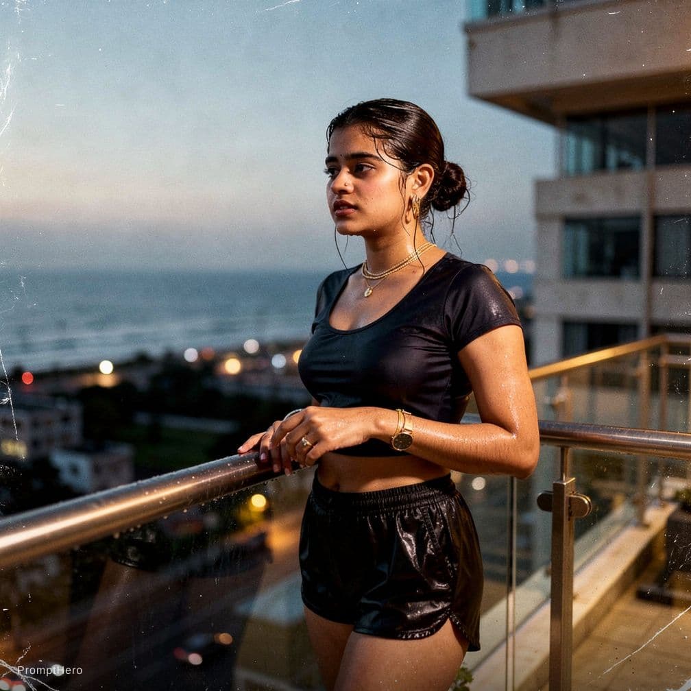 AI generated: A documentary style photograph of a young female on a high balcony just after swimming. Her long dar...