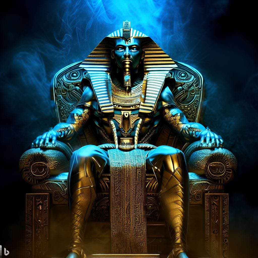 AI generated: sci-fi futuristic tutankhamun Pharao sitting on this throne, gold blue, snake, dark art, fog, light,...