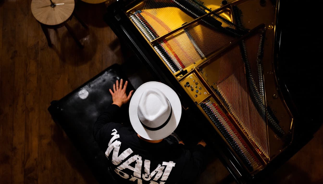 AI generated: A musician in a black and white shirt and white hat plays a grand piano from an overhead perspective...