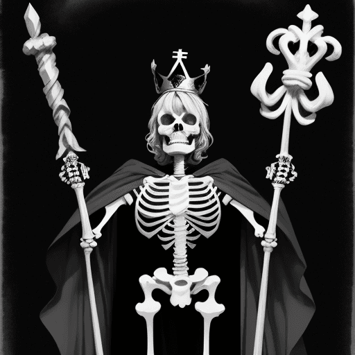 AI generated: a skeleton wearing a crown and holding a scepter in its hand. The skeleton is wearing a tattered rob...