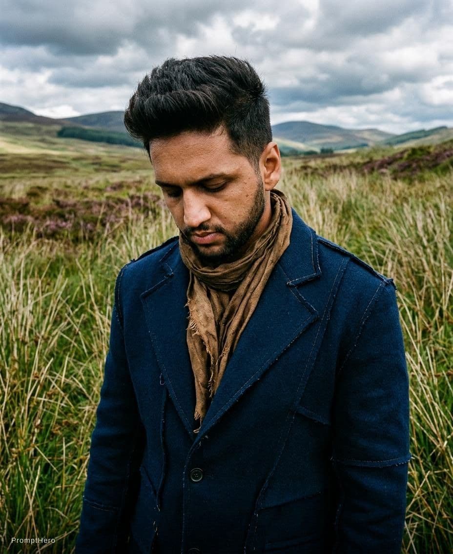 AI generated: a man stands with his head down in some tall grass, in the style of fashion photography, scottish la...