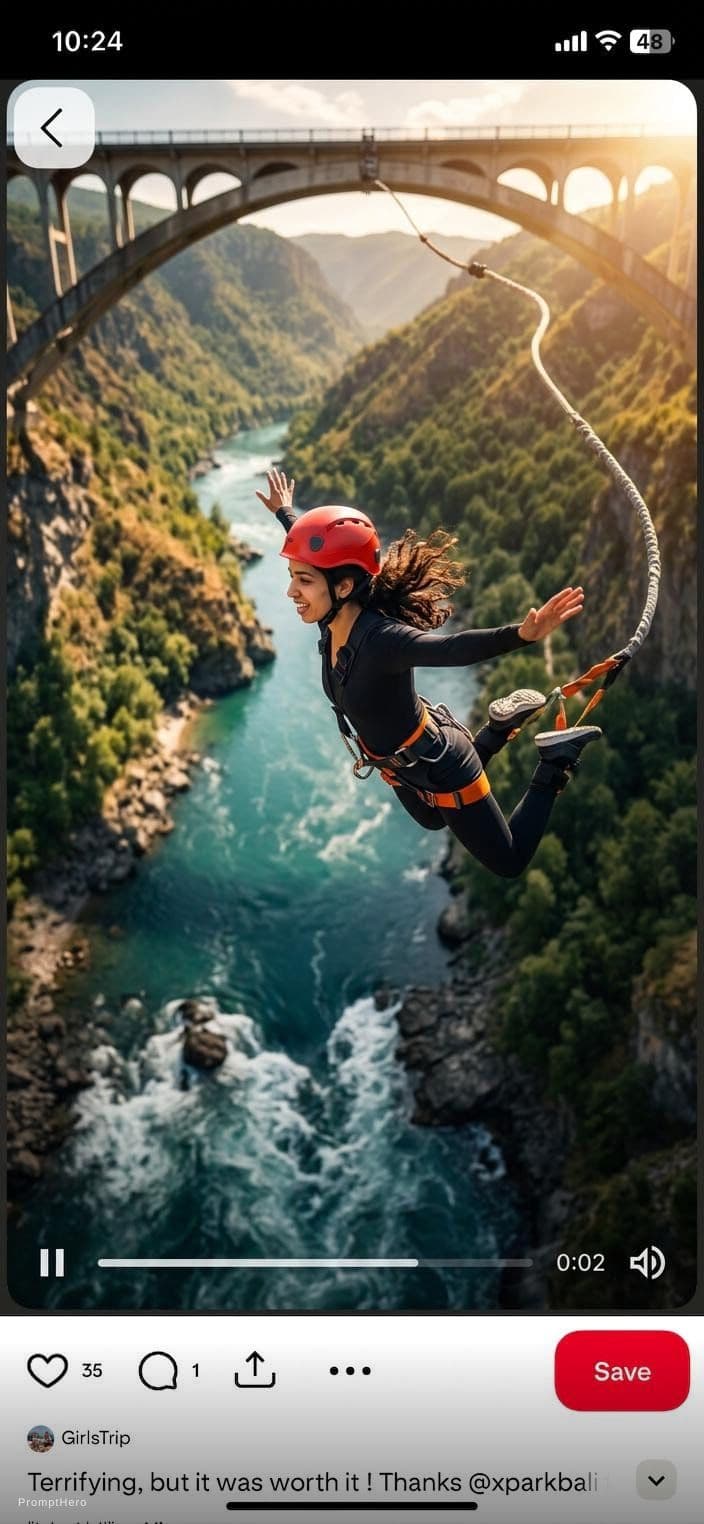 AI generated: Create a realistic and cinematic bungee jumping video.do not change here face 