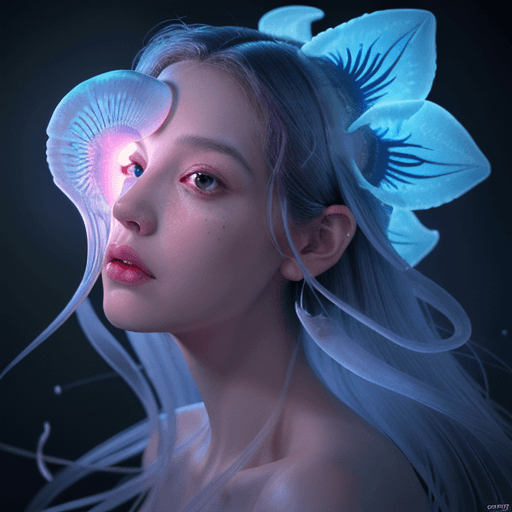 AI generated: Goddess close-up portrait ribcagel. jellyfish phoenix head, nautilus, orchid, skull, betta fish, bio...