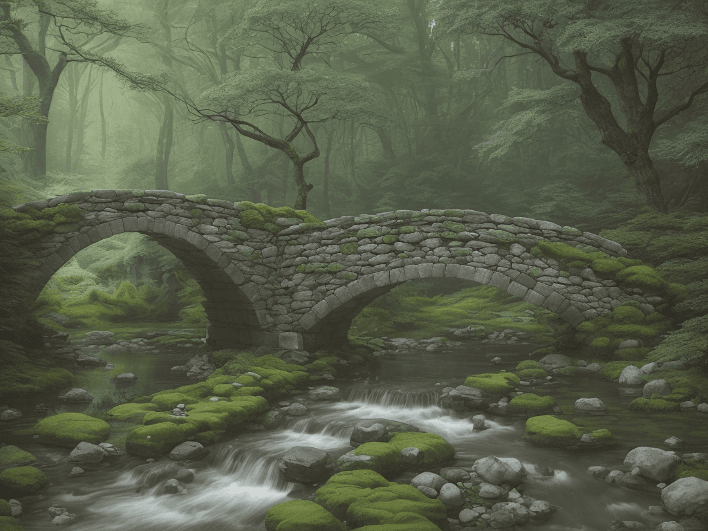 AI generated: a serene and mystical forest scene, with a stone bridge spanning a tranquil stream as its central fo...
