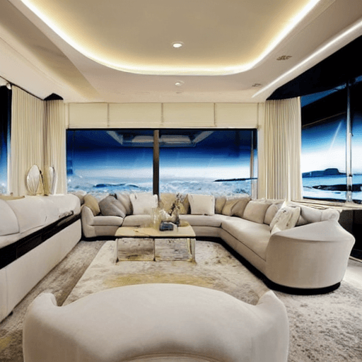 AI generated: luxurious living room on a space ship, panoramic window that wraps around one entire wall, inviting ...