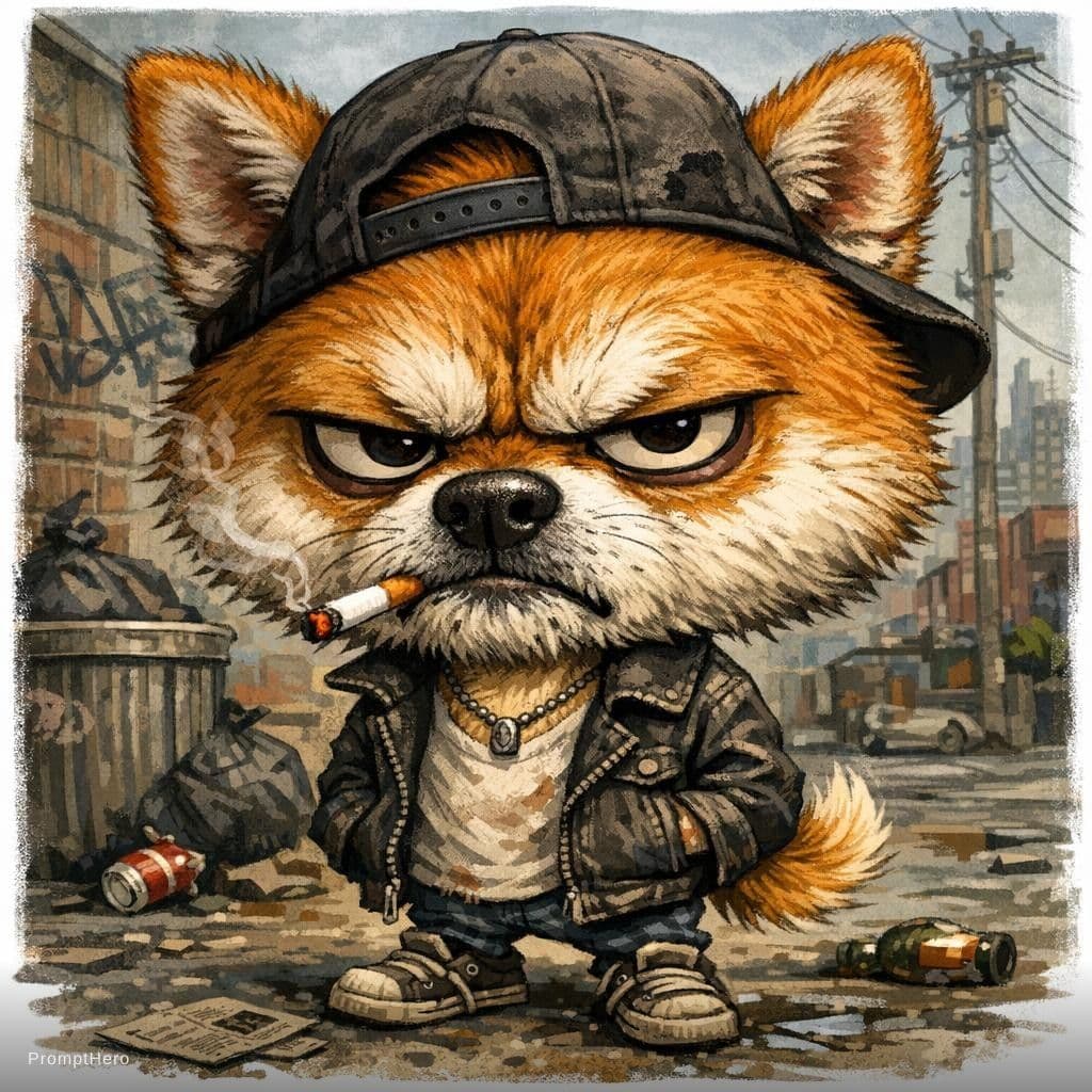 AI generated: funny caricature, grumpy urban Shiba dog, male, 7 years old, scruffy, streetwise, annoyed, small dog...
