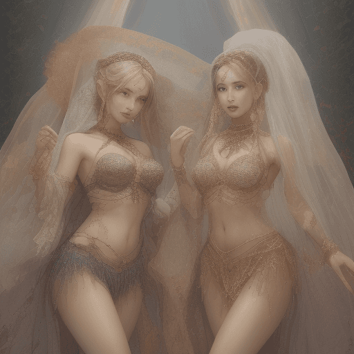 AI generated: Two majestic ample breasted  women stand confidently in a serene sand dance pit, surrounded by warm,...
