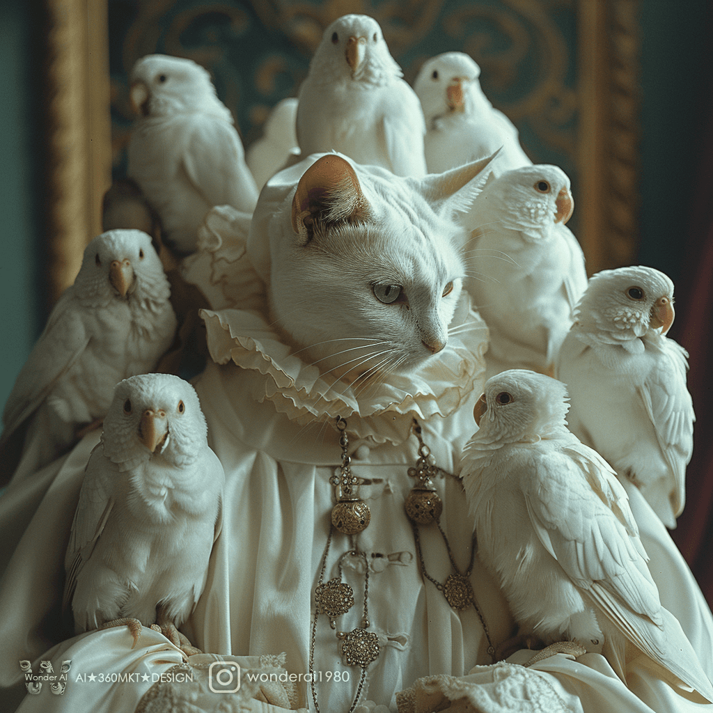 AI generated: multiple Lorikeet around an anthropomorphic cute cat wearing white wizard robe, in the style of ethe...